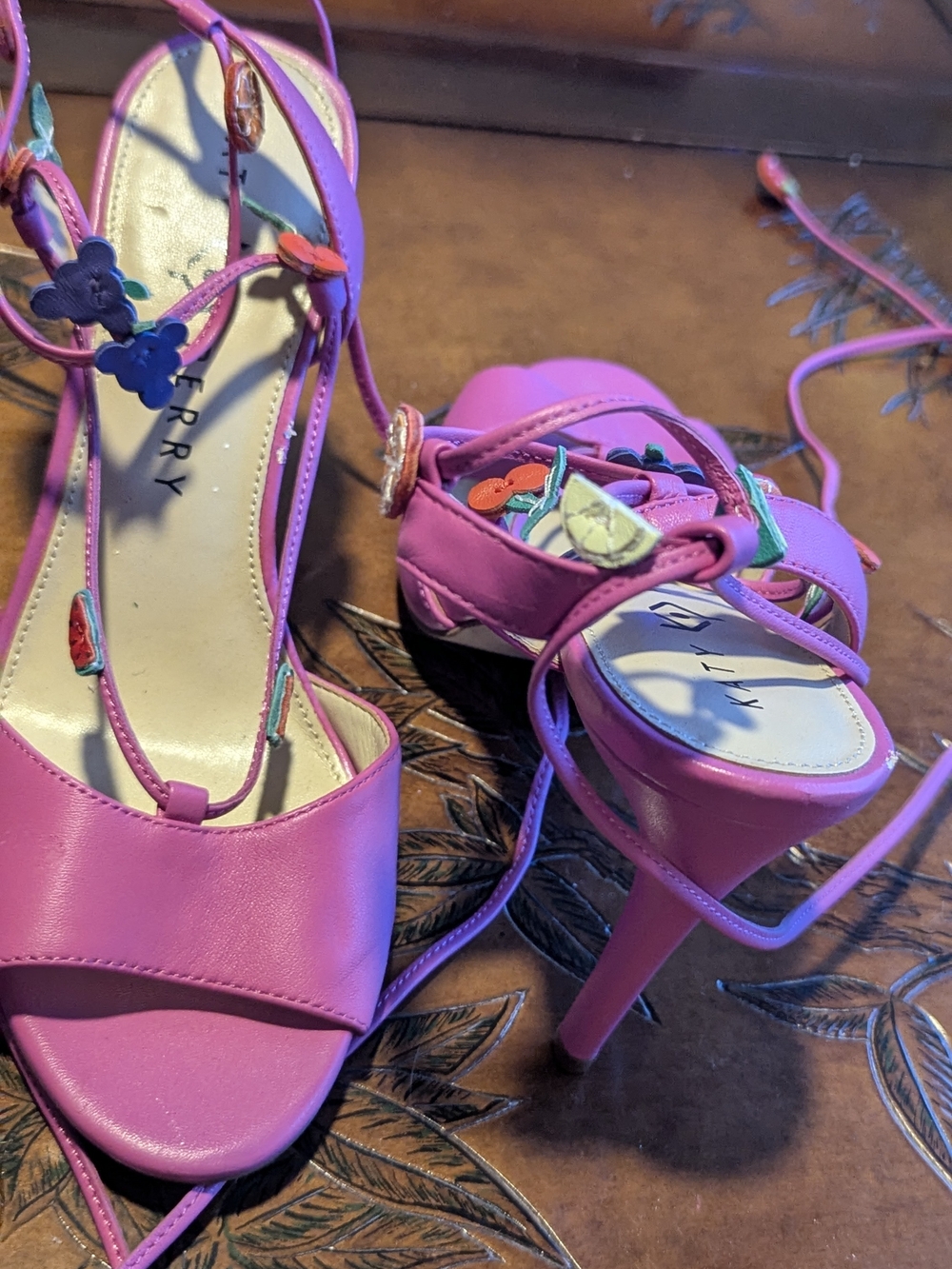 Bright Pink Lace-Up Women’s Heels With Fruit Accents
